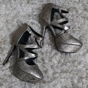 Gold Strappy zipper back Stilletos by Qupid